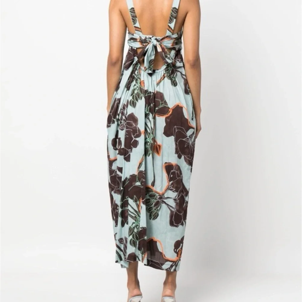 TELA Light Blue Brown Floral Maxi Dress Flowy Aqua Floral Dress XS